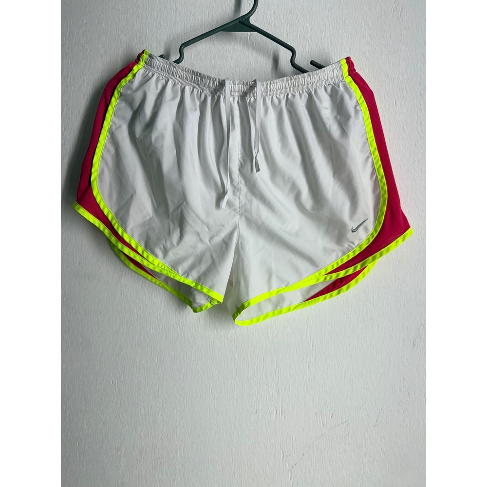 Nike Dri-FIT Tempo Running Shorts Womens Large White Pink Neon Yellow Athletic